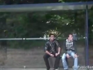 Public x rated clip extreme bus stop threesome