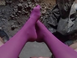 POV vid of NightMiss feet in purple pantyhose giving sloppy handjob sex video vids