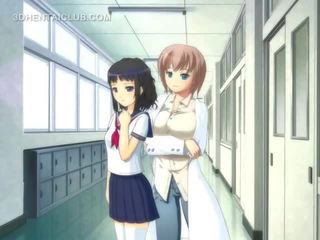 Anime stunner in school uniform masturbating pussy
